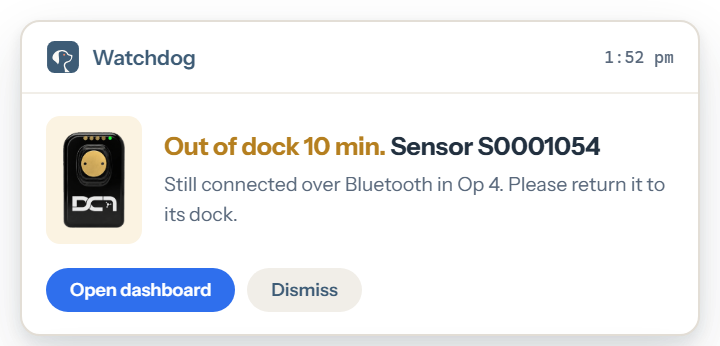 Watchdog alert at 1:52 pm: sensor S0001054 out of dock ten minutes, still connected over Bluetooth in Op 4, please return it to its dock