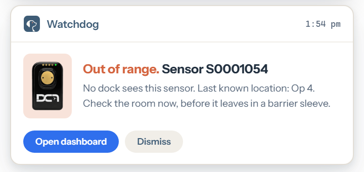 Watchdog critical alert at 1:54 pm: sensor S0001054 out of range, no dock sees this sensor, last known location Op 4, check the room now